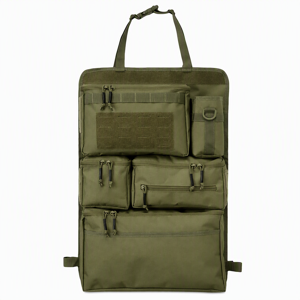 ๐ Tactical Car Backseat Organizer: Heavy-Duty Nylon, Webbed Loops, Buckled Straps, Universal Fit