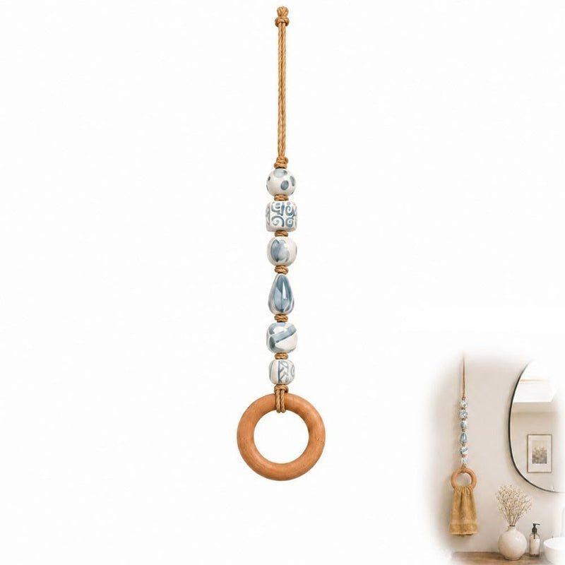 🌿 Handcrafted Beaded Towel Hanger - Boho Ceramic & Wooden Ring Holder 🧺