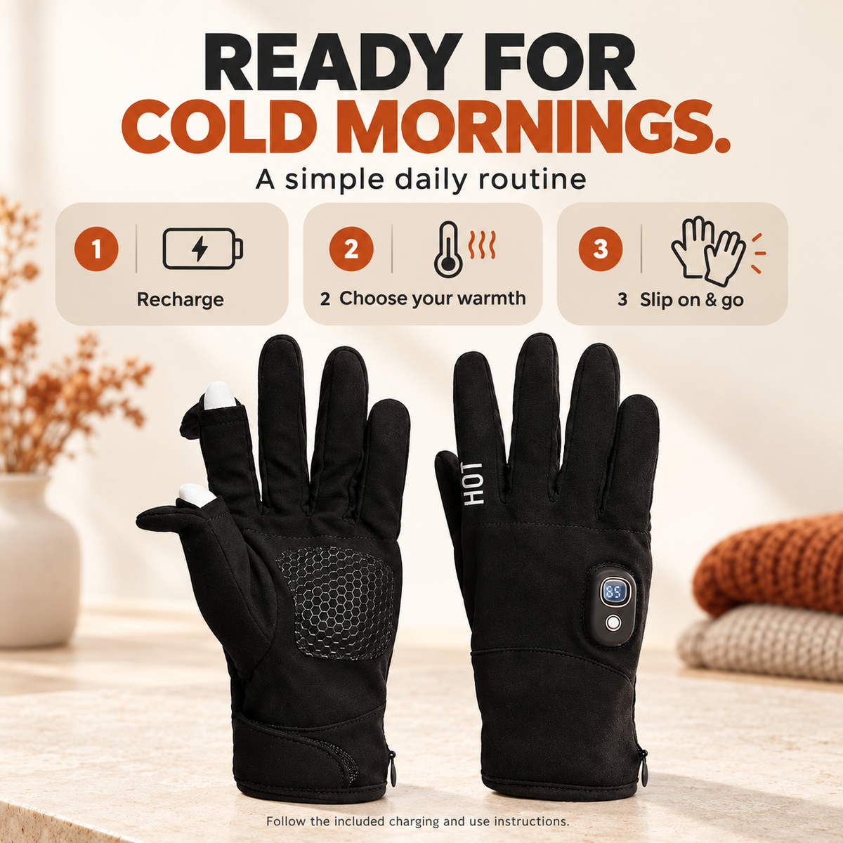 🔥 Rechargeable Heated Gloves with Digital Display & Flip-Open Fingertips
