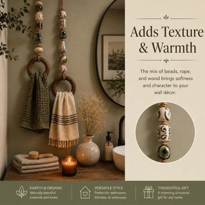 🌿 Handcrafted Beaded Towel Hanger - Boho Ceramic & Wooden Ring Holder 🧺