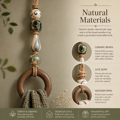 🌿 Handcrafted Beaded Towel Hanger - Boho Ceramic & Wooden Ring Holder 🧺