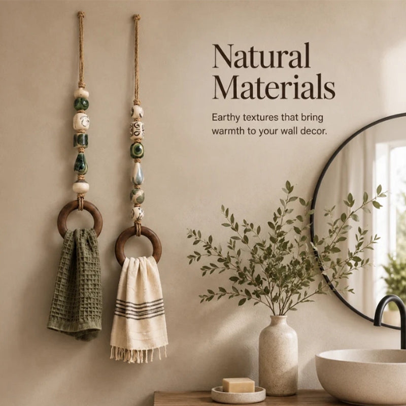 🌿 Handcrafted Beaded Towel Hanger - Boho Ceramic & Wooden Ring Holder 🧺