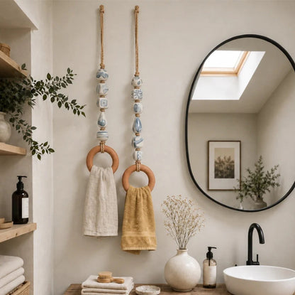 🌿 Handcrafted Beaded Towel Hanger - Boho Ceramic & Wooden Ring Holder 🧺