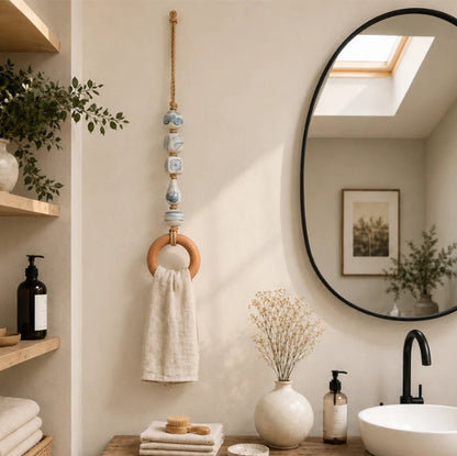 🌿 Handcrafted Beaded Towel Hanger - Boho Ceramic & Wooden Ring Holder 🧺